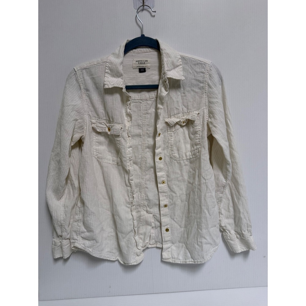 American Eagle Oversized Striped Button Down Shirt Cream White XS Long Sleeve